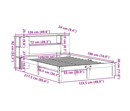 Cama con estantería sin colchón madera maciza de pino 120x190cm