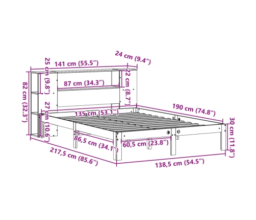 Cama con estantería sin colchón madera maciza de pino 135x190cm