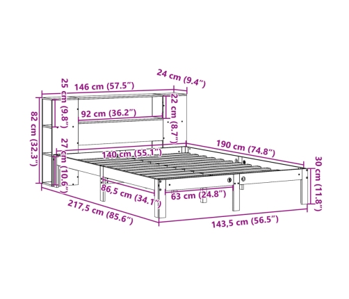 Cama con estantería sin colchón madera maciza de pino 140x190cm