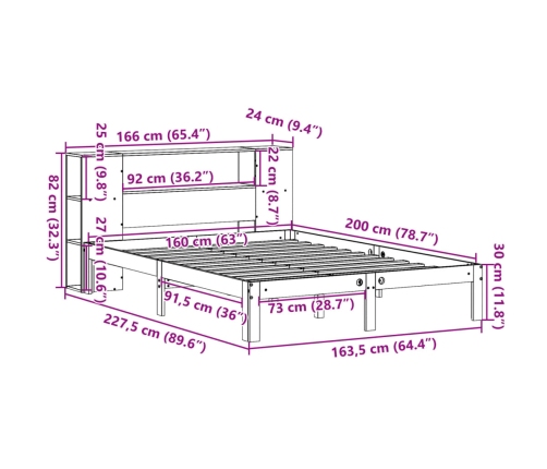 Cama con estantería sin colchón madera maciza de pino 160x200cm