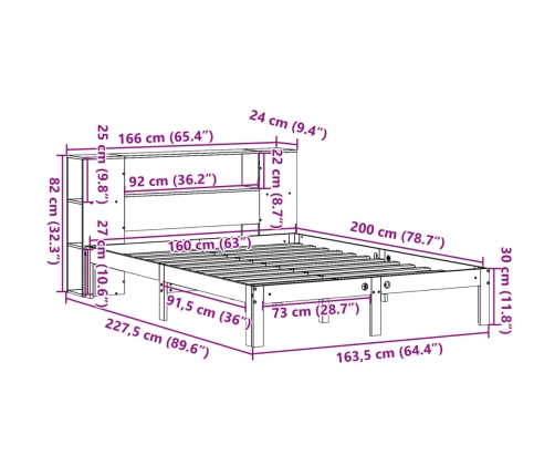 Cama con estantería sin colchón madera maciza blanca 160x200 cm