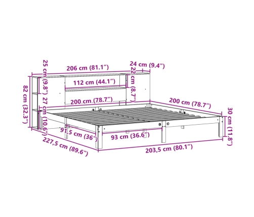 Cama con estantería sin colchón madera maciza de pino 200x200cm