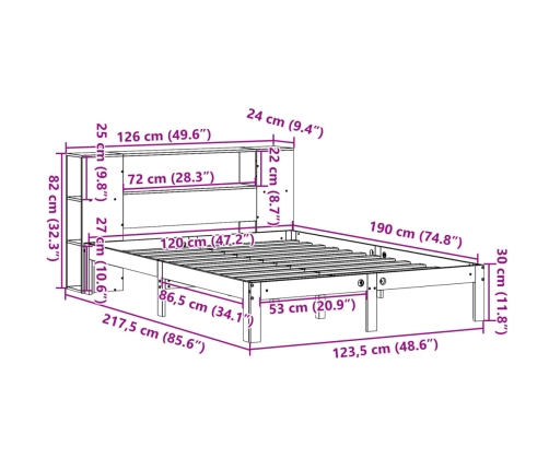 Cama con estantería sin colchón madera maciza marrón 120x190 cm