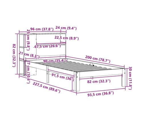 Cama con estantería sin colchón madera maciza de pino 90x200 cm
