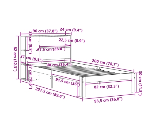 Sofá con estantería sin colchón madera maciza marrón 90x200 cm