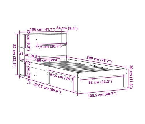 Cama con estantería sin colchón madera maciza marrón 100x200 cm