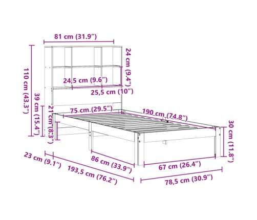 Cama con estantería sin colchón madera maciza blanca 75x190 cm