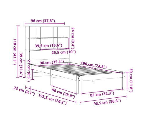 Cama con estantería sin colchón madera maciza de pino 90x190 cm