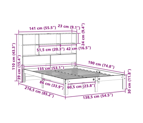 Cama con estantería sin colchón madera maciza de pino 135x190cm