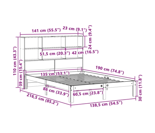 Cama con estantería sin colchón madera maciza blanca 135x190 cm