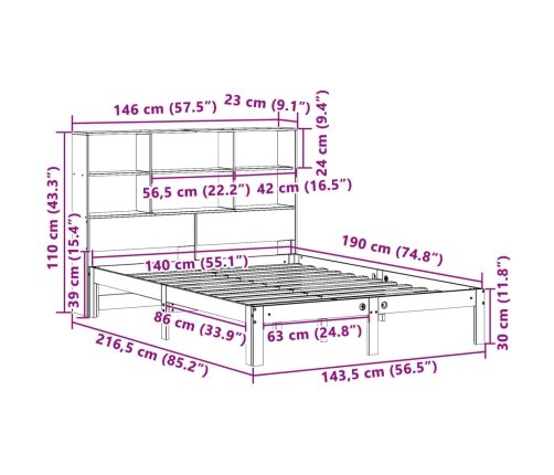 Cama con estantería sin colchón madera maciza de pino 140x190cm