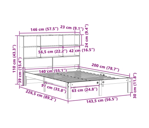 Cama con estantería sin colchón madera maciza de pino 140x200cm