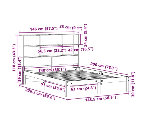 Cama con estantería sin colchón madera maciza blanca 140x200 cm