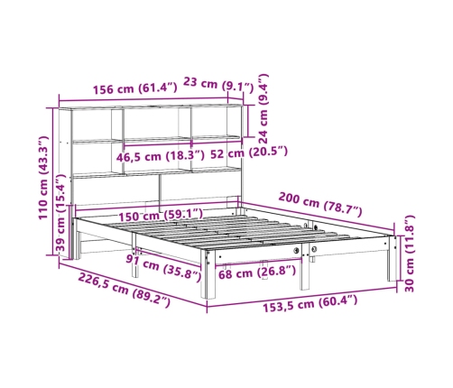 Cama con estantería sin colchón madera maciza blanca 150x200 cm