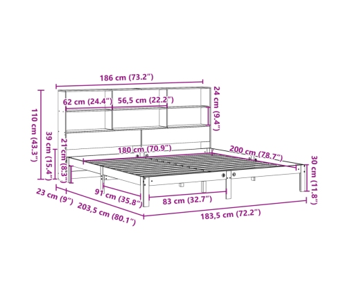 Cama con estantería sin colchón madera maciza de pino 180x200cm