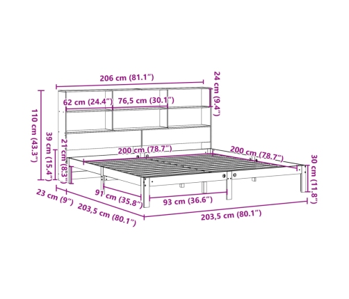 Cama con estantería sin colchón madera maciza de pino 200x200cm