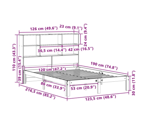 Cama con estantería sin colchón madera maciza marrón 120x190 cm