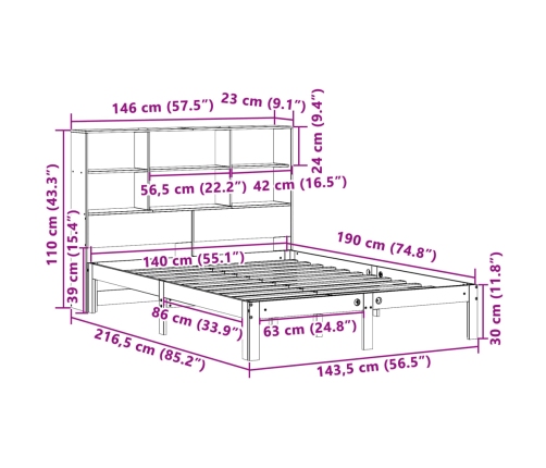 Cama con estantería sin colchón madera maciza marrón 140x190 cm
