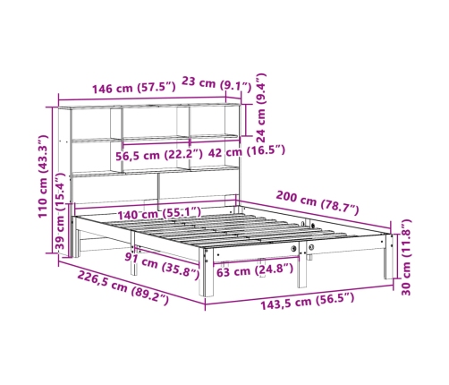 Cama con estantería sin colchón madera maciza marrón 140x200 cm