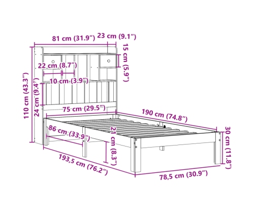 Cama con estantería sin colchón madera maciza de pino 75x190 cm