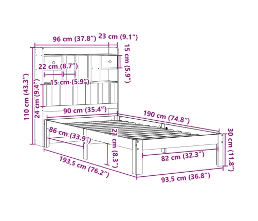 Cama con estantería sin colchón madera maciza de pino 90x190 cm