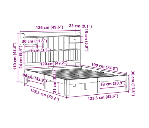 Cama con estantería sin colchón madera maciza de pino 120x190cm