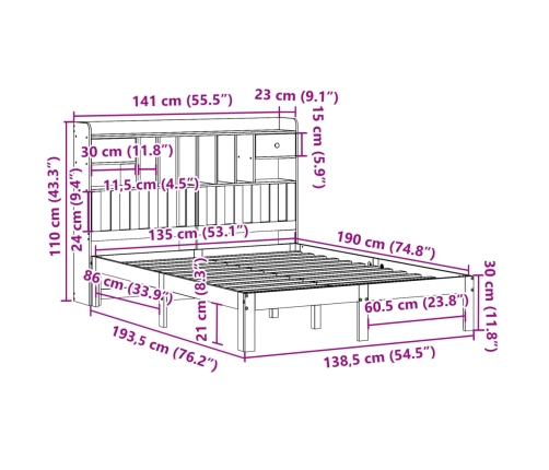 Cama con estantería sin colchón madera maciza blanca 135x190 cm