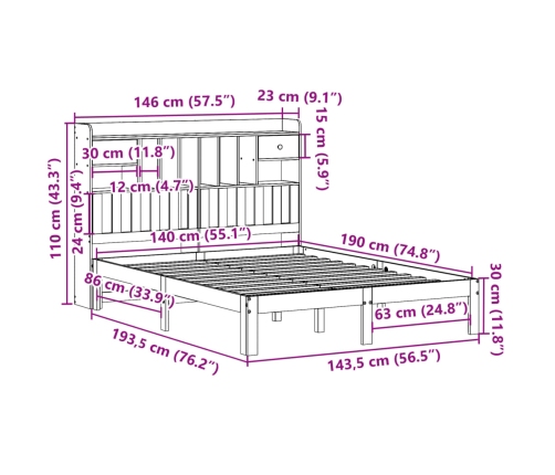 Cama con estantería sin colchón madera maciza blanca 140x190 cm