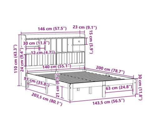 Cama con estantería sin colchón madera maciza de pino 140x200cm