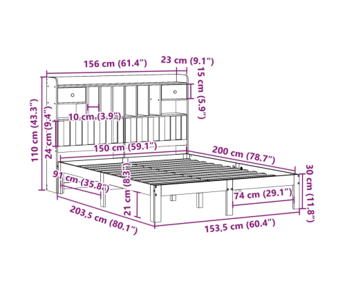 Cama con estantería sin colchón madera maciza blanca 150x200 cm