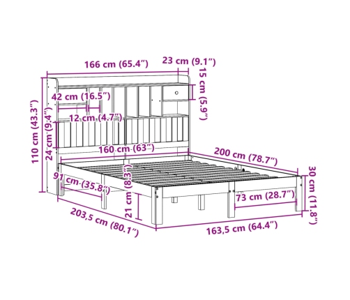 Cama con estantería sin colchón madera maciza de pino 160x200cm