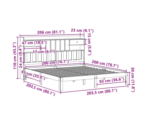 Cama con estantería sin colchón madera maciza de pino 200x200cm