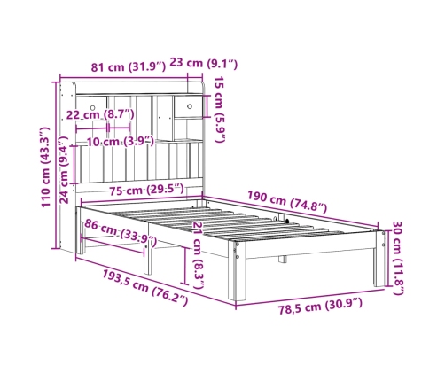 Cama con estantería sin colchón madera maciza marrón 75x190 cm