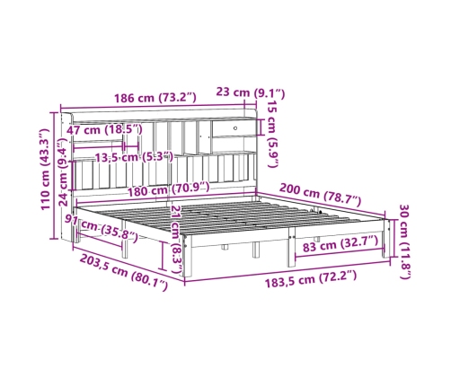 Cama con estantería sin colchón madera maciza marrón 180x200cm