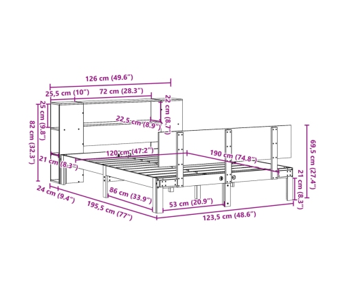 Cama con estantería sin colchón madera maciza de pino 120x190cm