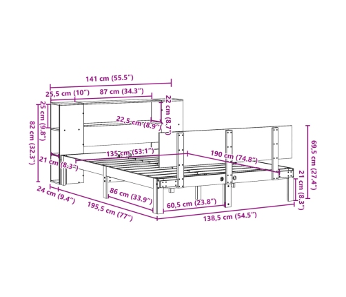 Cama con estantería sin colchón madera maciza blanca 135x190 cm