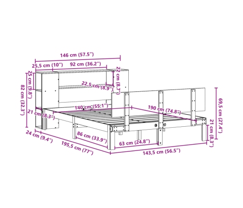 Cama con estantería sin colchón madera maciza blanca 140x190 cm