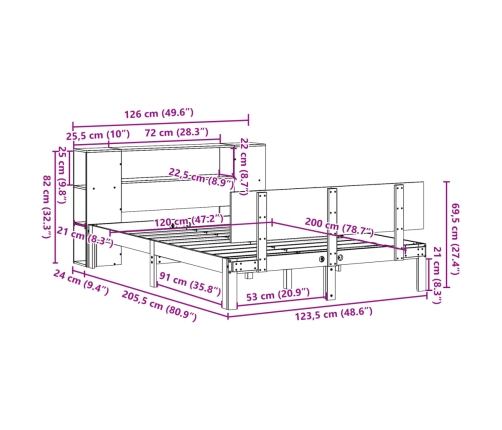 Cama con estantería sin colchón madera maciza de pino 120x200cm