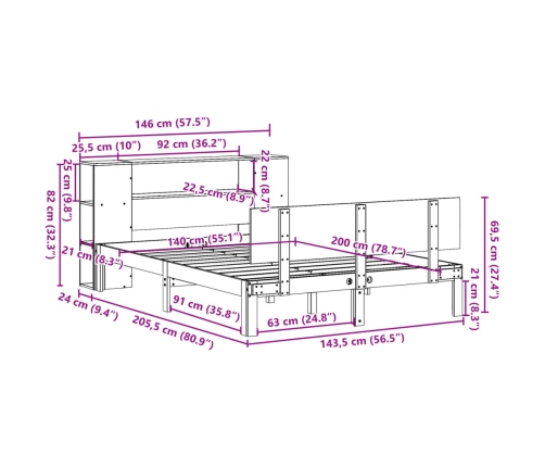 Cama con estantería sin colchón madera maciza de pino 140x200cm
