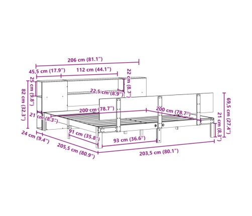 Cama con estantería sin colchón madera maciza de pino 200x200cm