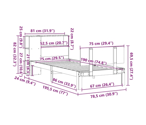 Cama con estantería sin colchón madera maciza blanca 75x190 cm