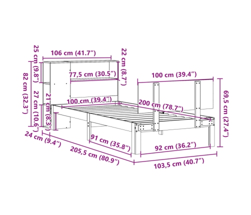 Cama con estantería sin colchón madera maciza de pino 100x200cm