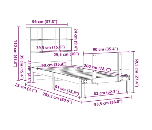 Cama con estantería sin colchón madera maciza de pino 90x200 cm