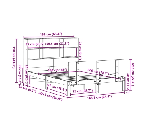 Cama con estantería sin colchón madera maciza de pino 160x200cm