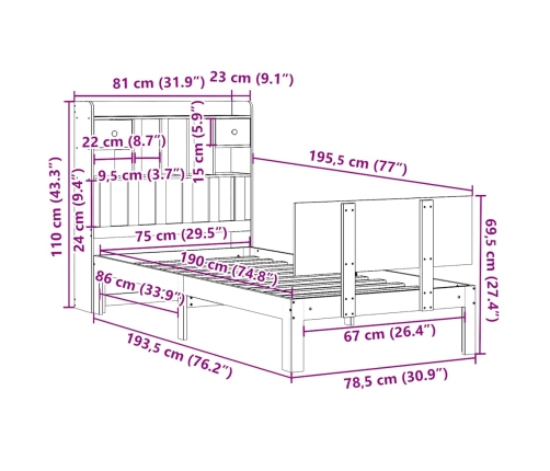 Cama con estantería sin colchón madera maciza blanca 75x190 cm