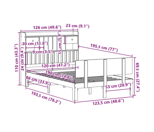 Cama con estantería sin colchón madera maciza blanca 120x190 cm