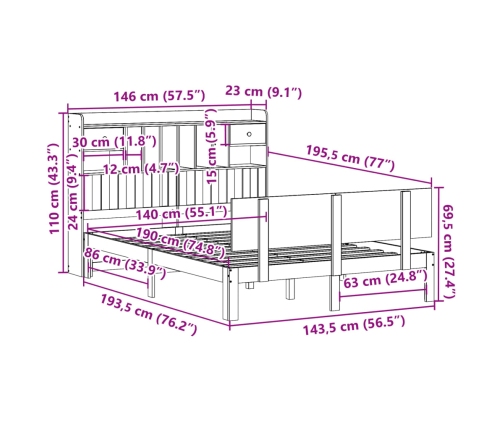 Cama con estantería sin colchón madera maciza de pino 140x190cm