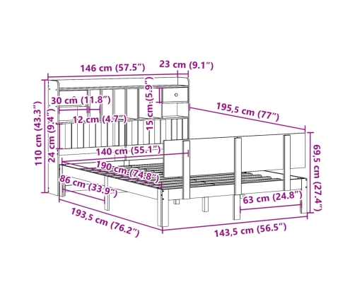Cama con estantería sin colchón madera maciza blanca 140x190 cm