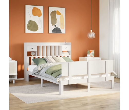 Cama con estantería sin colchón madera maciza blanca 140x190 cm