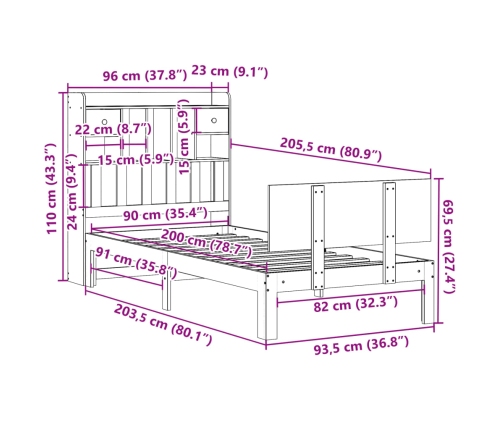 Cama con estantería sin colchón madera maciza de pino 90x200 cm